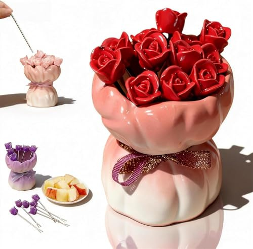 Set di 12 forchette da frutta a forma di rosa con elegante vaso in ceramica, set di forchette da frutta a forma di rosa, set creativo per la tavola per casa, cucina, feste e sala da pranzo (rosso)