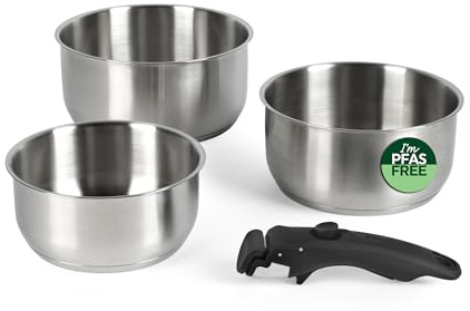 Russell Hobbs Smart Clip Saucepan Set, 4 Piece, Stainless Steel, 18/20 Cm | Detachable clip-on handle, stackable nesting design, oven safe up to 200°C, PFAS- and PFOA-free coating, satin finish