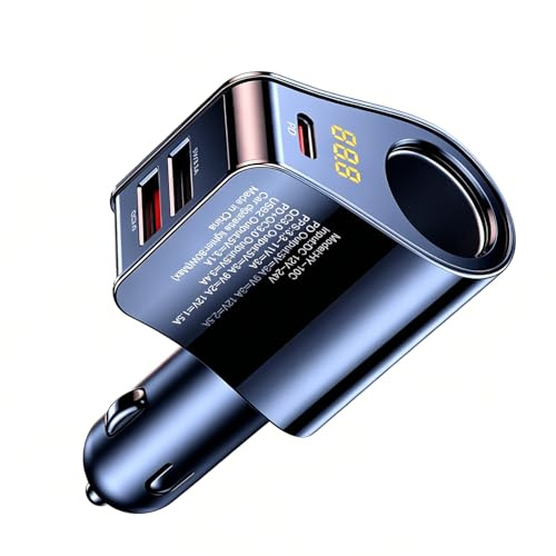 4 in 1 128W Zigarettenanzünder Verteiler USB C Auto Ladegerät, USB Adapter Auto Schnellladegerät mit LED Voltmeter (12V/24V),Schnellladegerät für iPhoneSamsungGPSDashKamera