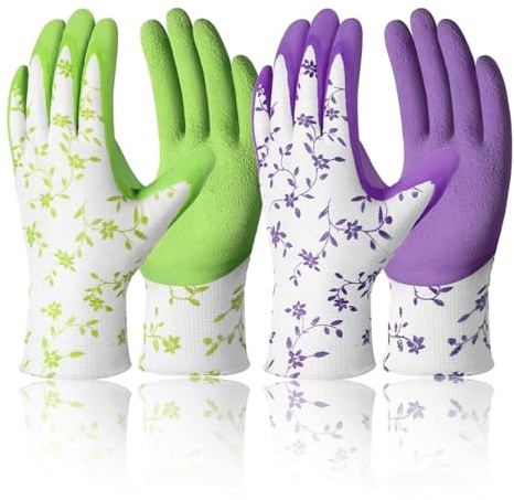 HYRKOTW 2 Paia Guanti da Giardinaggio in Nylon con Rivestimento in Lattice, Antiscivolo e Traspiranti, Resistenti a Spine e Graffi, per Adulti, Viola e Verde