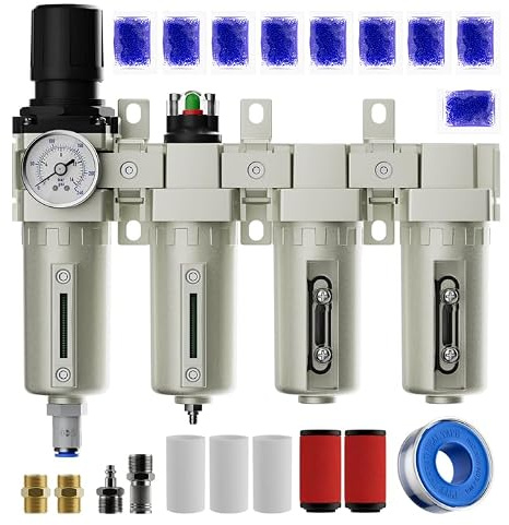 1/2 NPT 4-Stage Air Drying System for Air Compressor, Industrial Grade Oil Water Separator with 0-240 PSI Air Pressure Regulator, Coalescent Filter