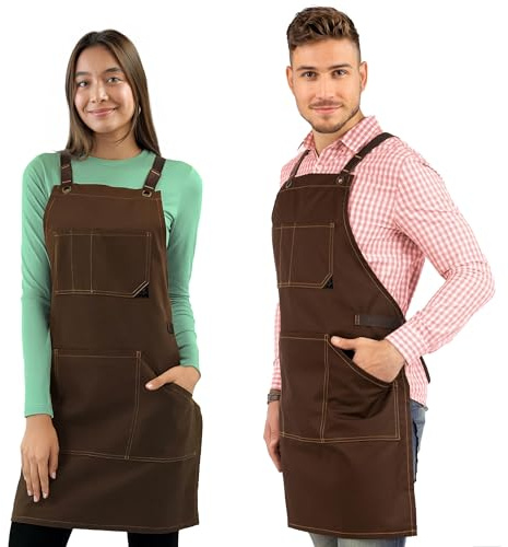Under NY Sky Essential Chocolate Brown Apron – Cross-Back with Durable Twill and Leather Reinforcement, Adjustable for Men and Women – Pro Chef, Tattoo Artist, Baker, Barista, Bartender, Server Aprons