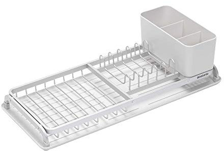 Brabantia Dish Drying Draining Rack (Compact / Light Grey) Easy-Clean Drip Tray and Removable Cutlery Basket, Corrosion-Resistant Aluminium Rack, Compact (20 x 46 cm)