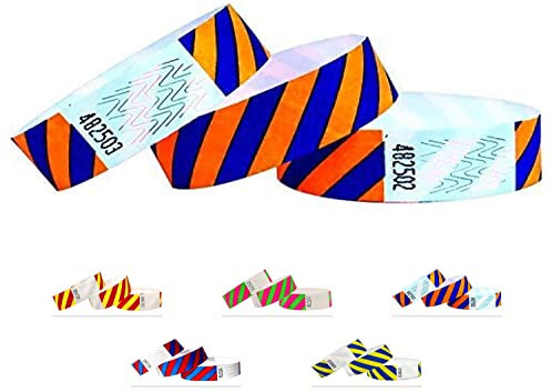 Tyvek Pulseras - A rayas - 500 unidades - Tyvek pulseras para eventos (Azul-Naranja, 500 Pack)
