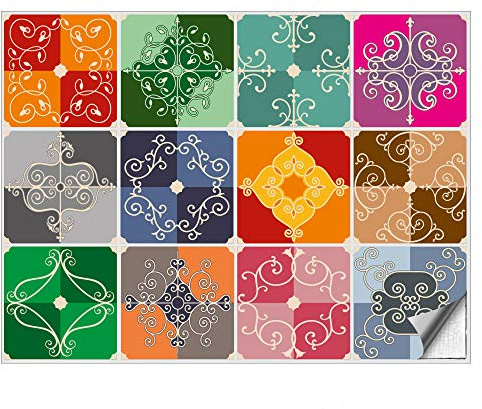 Kiwistar - Set 6 - Autocollants pour carrelage - 19,5 x 19,5 cm - Lot de 12 - ornements colorés - pour la cuisine, la salle de bain, le dosseret, la bordure, la rénovation, le motif de carreaux