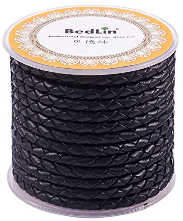 PandaHall 5 Meters 4mm Braided Leather Cord Black Round Leather Cord for DIY Bracelet Necklace Jewelry Making