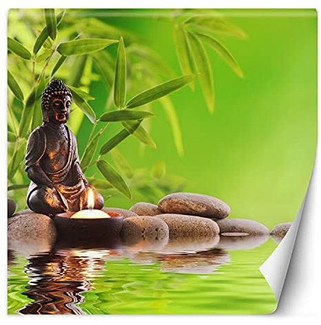 Feeby Fototapete XXL Buddha Zen-Steine Kerzen 200x200 cm Grün Vliestapete Moderne Design Wandtapete Küche Flur Wohnzimmer Büro Badezimmer Kinderzimmer Bambus Wasser