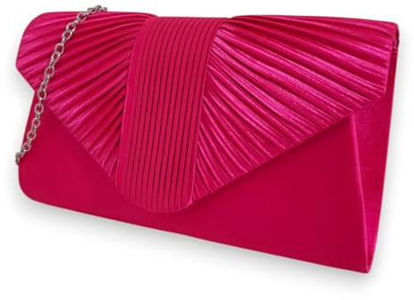 UShopUK Bolso de mano plisado de satén para novia, graduación, boda, noche, fiesta, bolso de mano, medium (Rosa fucsia)