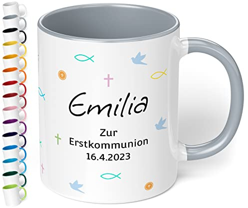 Tasse zur 1. heiligen Kommunion mit Namen und Datum „Zur Erstkommunion“ – personalisierte Kindertasse für Mädchen & Jungen - Kommunions-Geschenke von Paten Eltern Oma Geschenkideen (Grau)