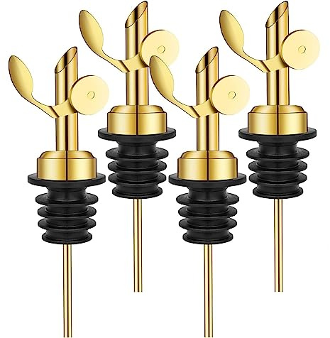 WAFJAMF 4 Pcs Weighted Stainless Steel Bottle Pourers, Gold | auto-closing weighted, bottle pourers, for olive oil, dispensers, spirits, wine, and vinegar bottles.