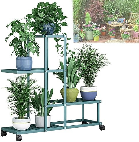 LIGUOYI Blumentreppe 4 Ebenen 5 Ebenen 6 Ebenen Blumenetagere Metall Blumenständer, Indoor Blumentopfhalter Platzsparend, Leiterregal Mit Rollen, Rack Lagerregal Für Wohnzimmer, Balkon