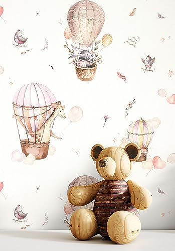 NEWROOM carta da parati Rosa Palloncino Tessuto non Tessuto - Bambini Beige Bianchi Animali Mongolfiera Giocoso