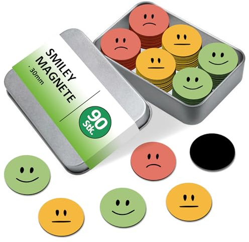BIROYAL 90 st. SmileyMagneter belöningstavla | Kylskåpsmagnet för whiteboard, belöning barn, tavlor | Stark självhäftande platt magnet | lärartillbehör | 3 smileys