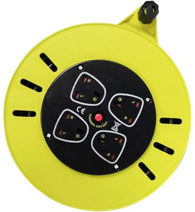 10m Extension Lead, 4 Socket Extension Reel, Portable Extension Cable, with Thermal Cut Out Device, Extension Lead Reel for Garden Lawn Mower Office Outdoor Indoor Christmas Workshop, 13A 240V Yellow