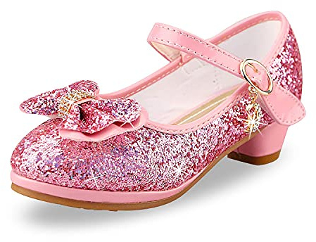 Lanivic Flickor prinsessa skor paljetter söta rosetter högklackade bröllop fest klänning skor dans ljus diamant cosplay jul festival skor rosa blå lila guld silver, 1-rosa, 25.5 EU
