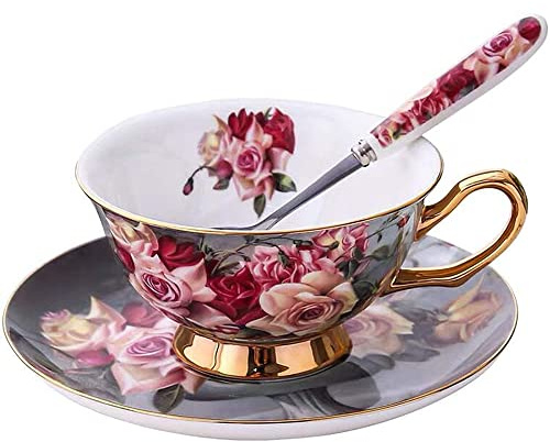 HUAMu Juego de taza y platillo estilo europeo arte hueso cerámica china té taza de café para el hogar, la cocina, la boda