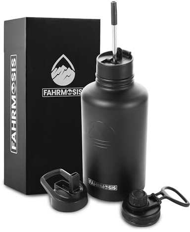 FAHRMOSIS 64 Oz Water Bottle with Straw Stainless Steel Sports Water Bottle with 3 Lids (Straw, Chug and Flip Lid) Leak Proof Metal Half Gallon Jug for Men & Women - Black