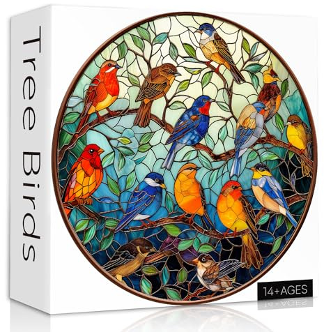 Stained Glass Puzzle Bird Puzzles for Adults 1000 Pieces, Round Bird Tree Jigsaw Puzzle, Impossible Hard Difficult Challenging Puzzles for Adults