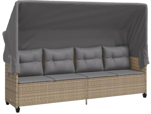 vidaXL Sonnenliege, Liege mit ausziehbarem Sonnendach, Gartenliege mit dick gepolsterten Kissen, Sonnenbett Gartenmöbel, Beige Poly Rattan