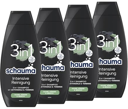 Schauma 3in1 Shampoo Intensive Reinigung (4x 400 ml), Haarshampoo für Haare, Körper und Gesicht, 3in1 Shampoo mit Aktivkohle und Tonerde reinigt das Haar gründlich