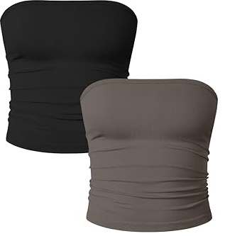 OQQ 2 Piece Ladies Strapless Side Ruched Top Boobtube Bandeau Sexy Off Shoulder Skinny Shirt Slim Fit Tops Black Tealeaf