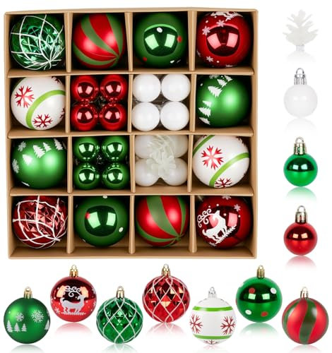 ilauke Bolas Navideñas de Plástico,40 Bolas de Navidad Rojo y Verde Reutilizables con 2 Piñones Blancos,3/6cm Bola de Navidad Pintada,Combinación de Colores Ideal para Decoraciones Adornos Navideñas