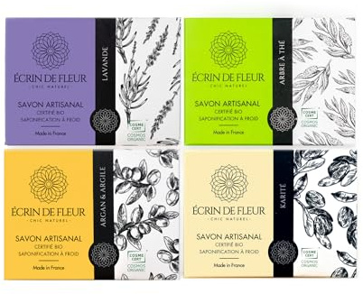 Écrin de Fleur – Coffret Cadeau Savons Bio de Luxe pour Femme, Fabriqués Main en France, Saponification à Froid Visage & Corps, Certifiés COSMOS & Nature et Progrès, 4 x 90g