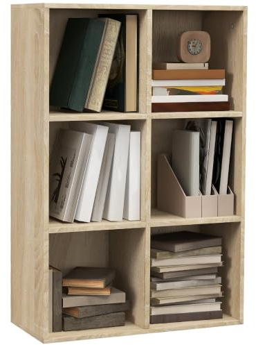 HOMCOM 3 Tier Bookshelf with 6 Open Storage Compartments Oak Tone | Freestanding Modern Cube Bookcase, Display Storage Unit, for Living Room Bedroom Study
