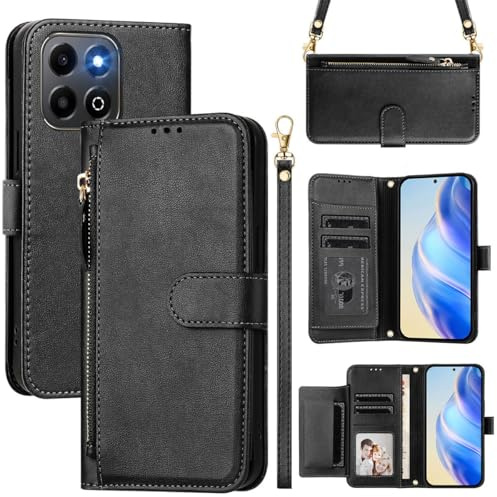 MOJIA Coque pour Honor 200 Smart, Étui Portefeuille en Cuir PU avec Bandoulière et Dragonne, Housse de Porte-Cartes Multifonctionnel. Black