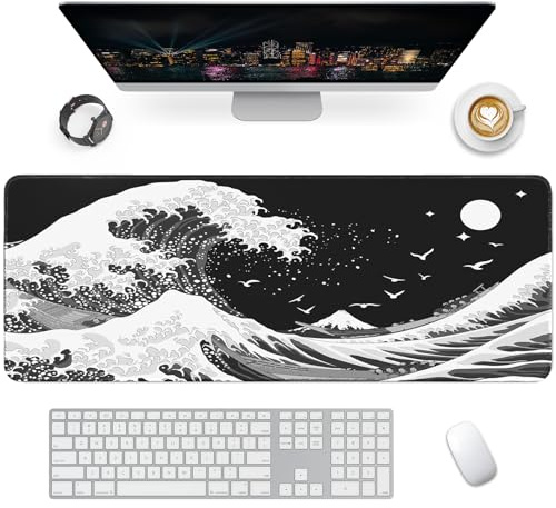 Giecy Gaming musmatta XXL, musmatta stor 800 x 300 mm, skrivbordsunderlägg med halkfri gummibas, skrivbordsmatta för tangentbord, PC, bärbar dator (havsvåg HD-version)