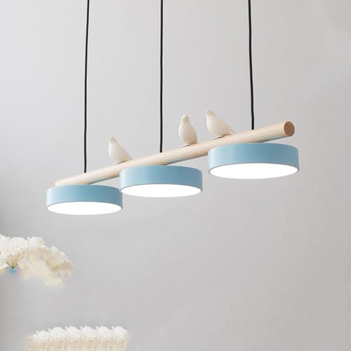 HMASNSEIY 3 Light Modern LED Linear Pendant Light for Dining Room Table Dimmable Long Strip LED Chandelier Nordic Bird Decorate Wood Ceiling Hanging lamp for Kitchen Island Farmhouse Hallway