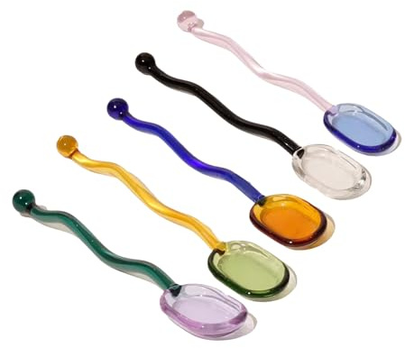 5 Pieces Glass Spoons, Creative Colored Transparent Coffee Milk Glass Dessert Stirring Spoon Curved Handle Tools for Tea Sugar Home Bar Party (Square)
