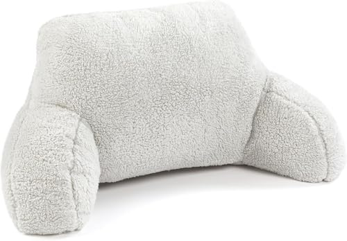 Downland Huggleland Reading Pillow with Arms - Soft Teddy Fleece Cuddle Cushion for Adults, Supportive Backrest Bed Pillow for Relaxing & Lounging, Armchair Reading Cushion (Grey) 45H x 39D x 89W cm