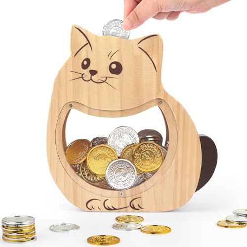 Foyucool Wooden Money Box for Kids, Personalized Piggy Bank for Boys Girls, Thickened Animal Money Bank for Coin and Cash, with DIY Stickers, for Birthday and Festival, Cat