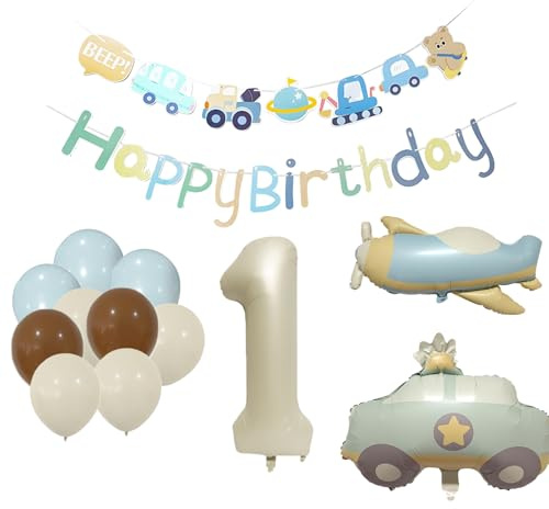 Tourima XXL Geburtstagsdeko 1 Jahr Autos und Flugzeuge, Gilt für Deko 1. Geburtstag Junge Kindergeburtstagsdeko, Luftballon 1. Geburtstag Folienballon 1,Zahlen Luftballon Deko Kindergeburtstag