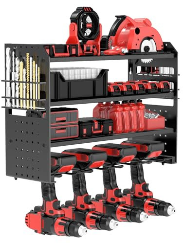 Soporte de pared para herramientas, soporte de metal, para garaje, taller, con soporte lateral para destornillador, para garaje, taller (negro, 4 cámaras)