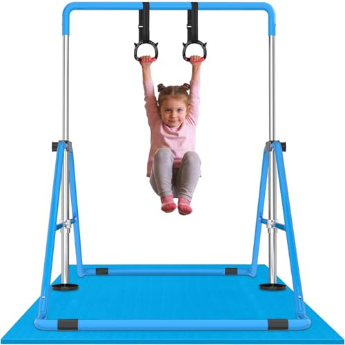 WATBKHE Gymnastics Bar for Kids Adjustable & Foldable Training Kip Bar with Rings, Sturdy Horizontal Bar for Boys & Girls, Expandable Gymnastics Equipment for Home Practice Blue