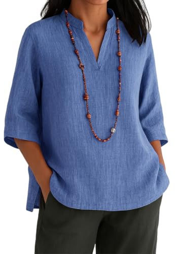 shownicer Camicia Lino Donna Maglietta Estiva Manica Corta Camicetta in Lino Cotone Scollo a V Camicia Leggera Blusa Tinta Unita Curvy Tshirt A Blu L