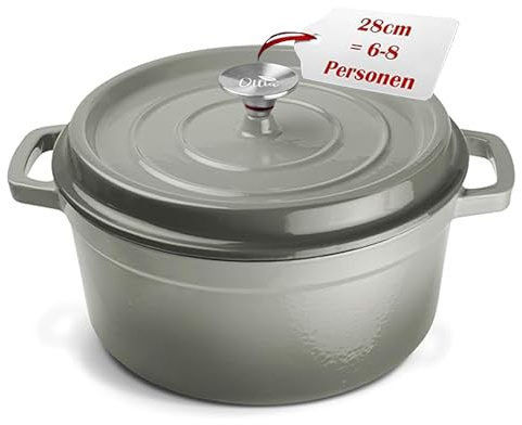 Ottia Gusseisen Topf, 28 cm, 6 Liter, Premium Emaille, Schmortopf Bräter mit Deckel, Gusseisentopf, Dutch Oven, Brotbackform, Brotbacktopf, alle Herdarten (auch Induktion), ofenfest, Händler aus HH