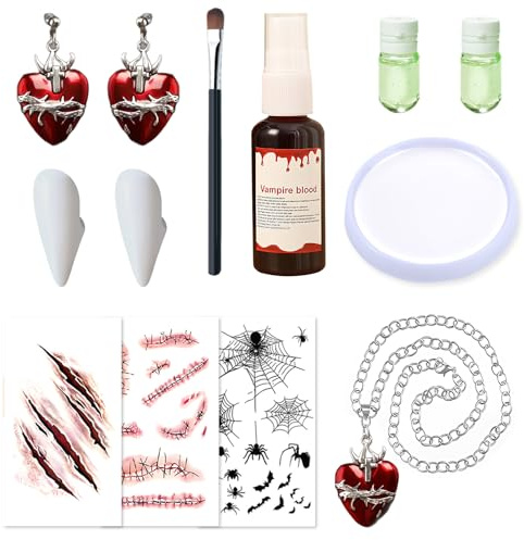 SHOWHEEL 11er Vampir Zubehör Set, Weisse Schminke Gesicht, mit Kunstblut Halloween Halskette Ohrringe, Vampir Zähne, Zombie Makeup, Halloween Schminke Weiß und Blut, für Halloween Karneval Party