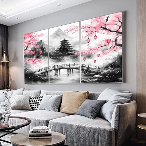 MKBKLI Bilder auf Leinwand 80x160cm Deko Wand Kunstdruck Bild Decor Canvas | Wandbilder Dekoration Wohnzimmer Kirschbaum, Fluss, Bogenbrücke Leinwandbild Schlafzimmer Küche Art Groß XXL Wanddeko Wall