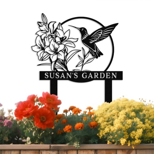 Personalised Hummingbird Metal Garden Decor,Custom Bird with Flower Garden Name Sign with Stake,Patio Yard Lawn Metal Art,Housewarming Gift style 1