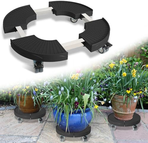 Monucep Rullo per piante regolabile 38 – 54 cm, portata 200 kg, rullo per fiori rotondo con ruote girevoli a 360°, vaso per vasi per interni ed esterni, nero