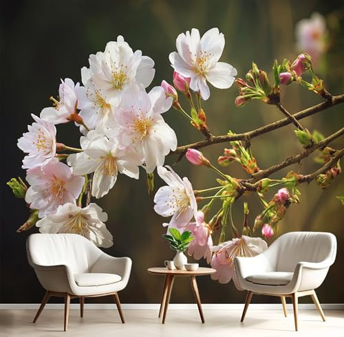Carta Parati Murale Rosa Fiori Di Ciliegio Sui Rami 150X105Cm Carta Da Parati Panoramica Piante Naturali Effetto 3D Poster Da Parete Per Sogg Per Soggiorno,Camera Letto,Ufficio,Tv Sfondo