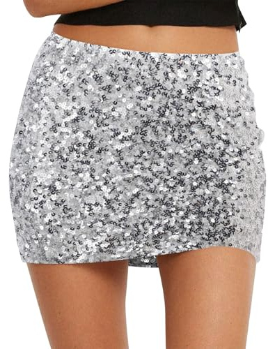 Lancry Sequin Skirt Women Stretchy Sparkly Glitter Shiny Mini Skirt for Party Dance (UK, Alpha, S, Regular, Regular, Silver)