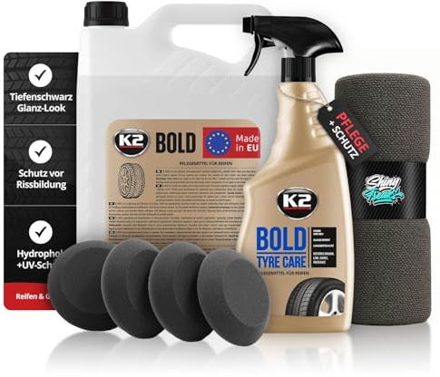 Shiny Freaks Reifenpflege Set: K2 Bold Reifenpflege & Gummipflege (5L + 700ml) + Zubehör – Für tiefschwarzen Glanz & langanhaltenden Schutz für Reifen und Gummis | 6-teilig