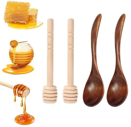 dinghaole 4 Pièces Cuillère à Miel, Cuillere Miel Bois, Doseur en spirale pour miel et sirop, Bâtonnets Mélangeurs en Spirale de Miel, Travail Soigné, pour Miel, Confiture, Lait Concentré ou Sirop