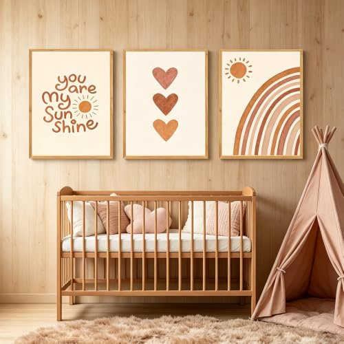 3 Bilder Babyzimmer Beige 30X40CM Bilderwand Kinderzimmer Poster Baby Mädchen Regenbogen Sonne Leinwand Kinderzimmer Junge Bilder Kinder Mädchen Baby Zimmer Beige You Are My Sunshine ohne Rahmen