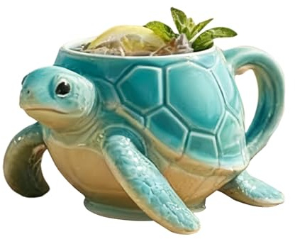 Hamosky Taza de café de cerámica con diseño de tortuga marina 3D, bonita taza de cerámica con efecto 3D, turquesa y crema, 10 x 9 x 8 cm, novedosa taza para té y bebidas para los amantes del arte