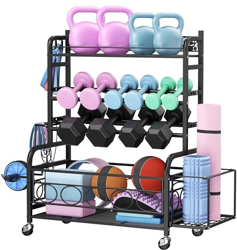 Support d'haltères multifonction avec roulettes et crochets, peut être utilisé pour haltères, tapis de yoga, rouleaux de fascia, kettlebell et kettlebell, noir, maison